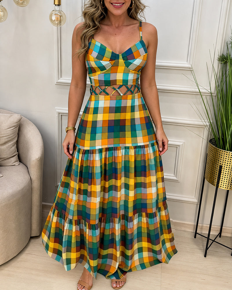 Colorblock | Robe longue à découpes, col en V, dos nu et volants, robe de plage décontractée froncée