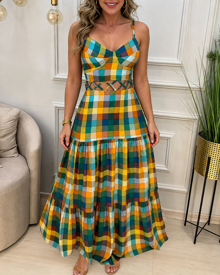 Colorblock | Robe longue à découpes, col en V, dos nu et volants, robe de plage décontractée froncée