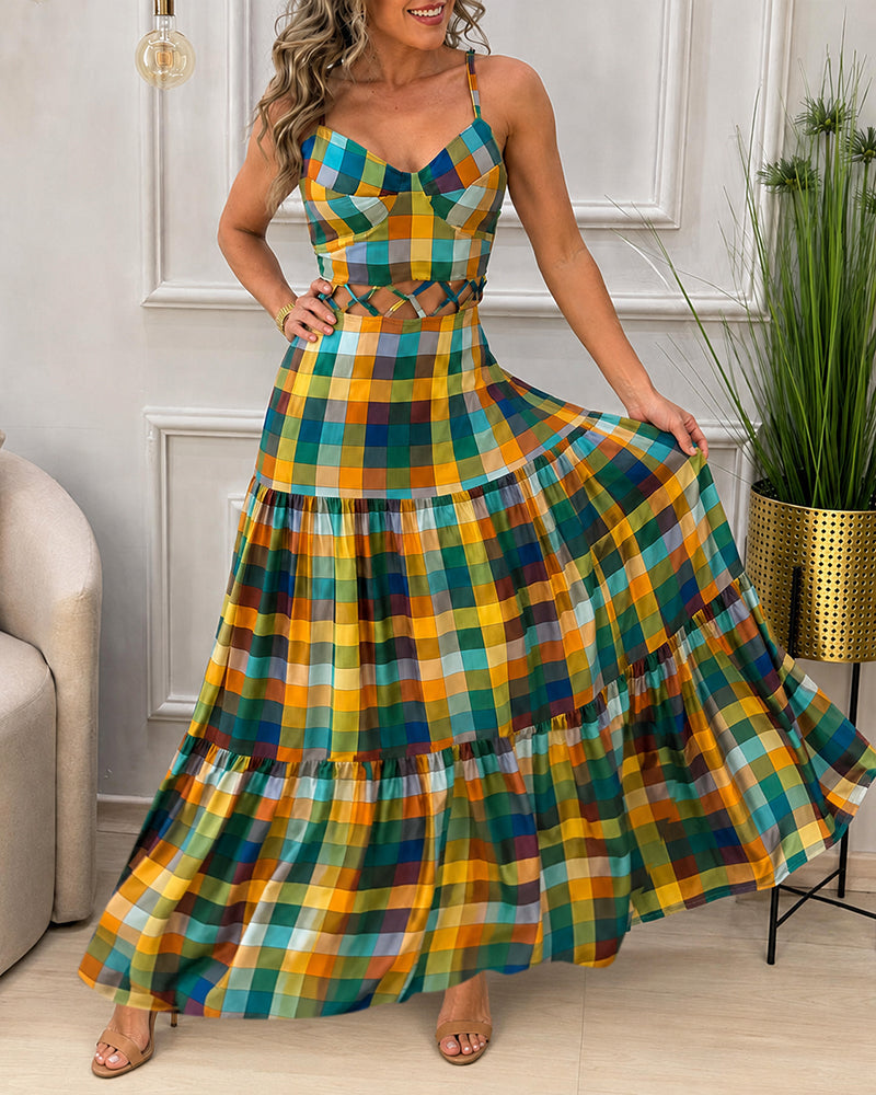 Colorblock | Robe longue à découpes, col en V, dos nu et volants, robe de plage décontractée froncée
