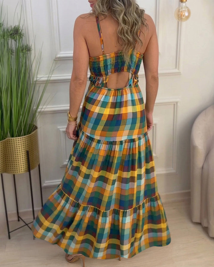 Colorblock | Robe longue à découpes, col en V, dos nu et volants, robe de plage décontractée froncée