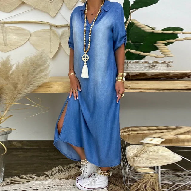 Emma | Robe longue en denim avec fente latérale