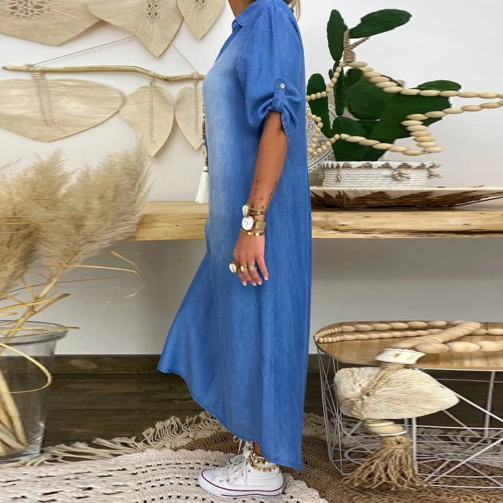 Emma | Robe longue en denim avec fente latérale