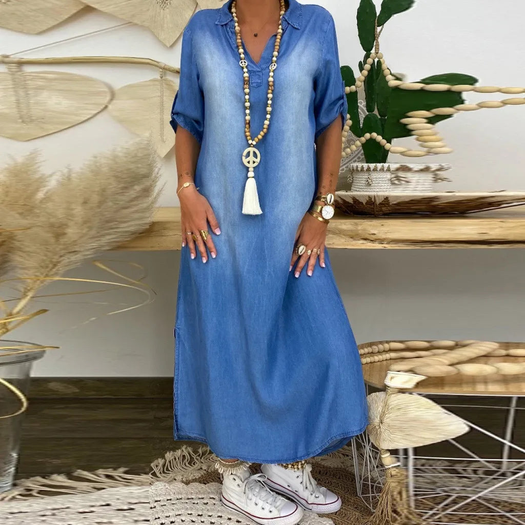 Emma | Robe longue en denim avec fente latérale
