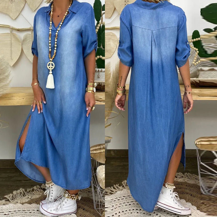 Emma | Robe longue en denim avec fente latérale