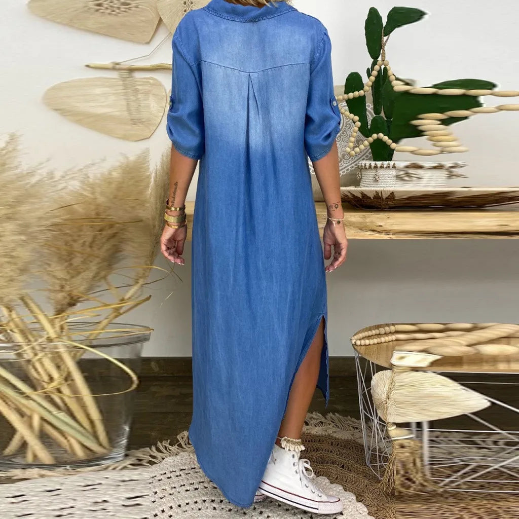 Emma | Robe longue en denim avec fente latérale