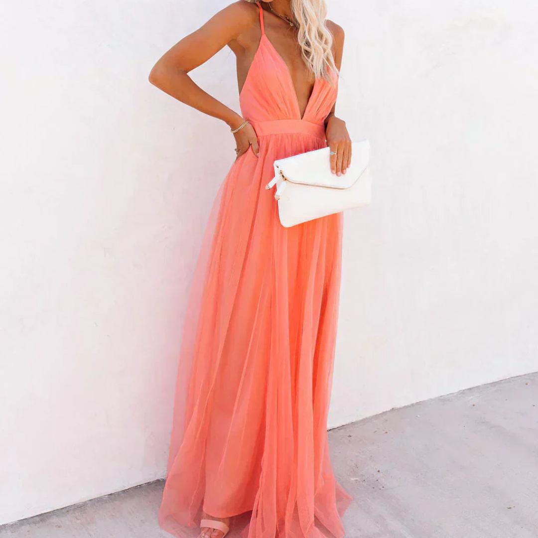 ELOISÉ | ROBE LONGUE CORAIL LUMIÈRE