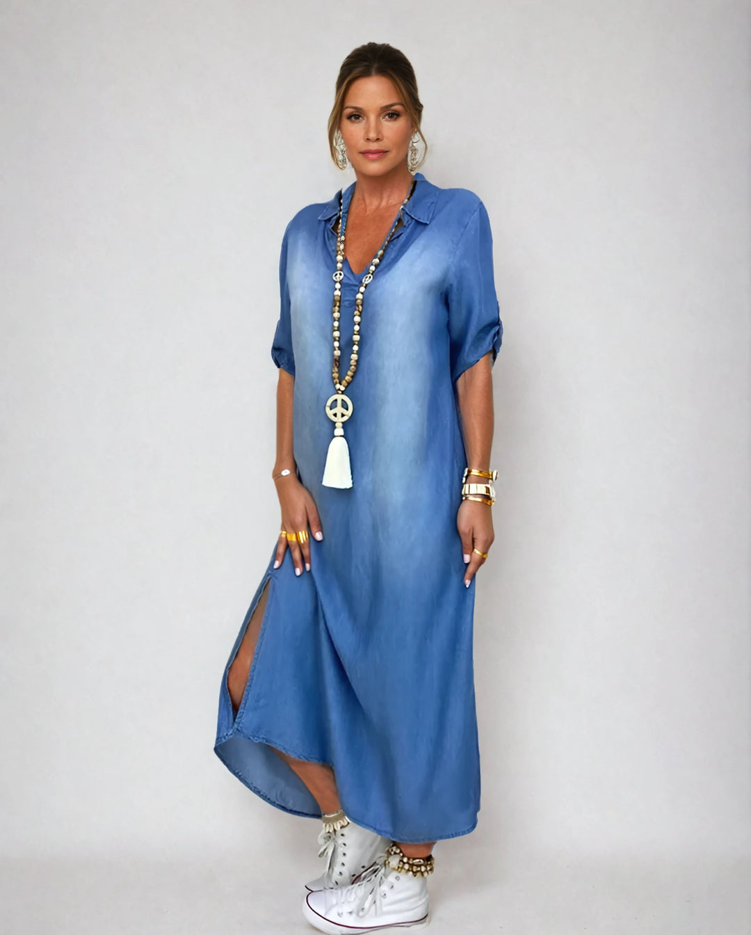 Emma | Robe longue en denim avec fente latérale