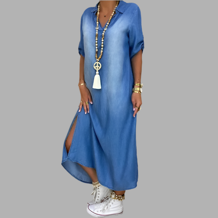 Emma | Robe longue en denim avec fente latérale