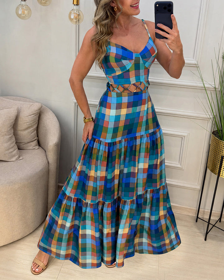 Colorblock | Robe longue à découpes, col en V, dos nu et volants, robe de plage décontractée froncée