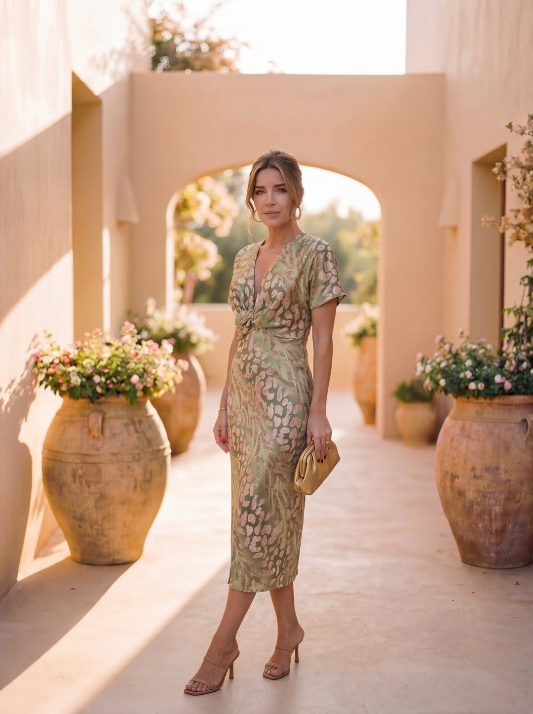 Robe midi effet amincissant avec nœud central et chute fluide