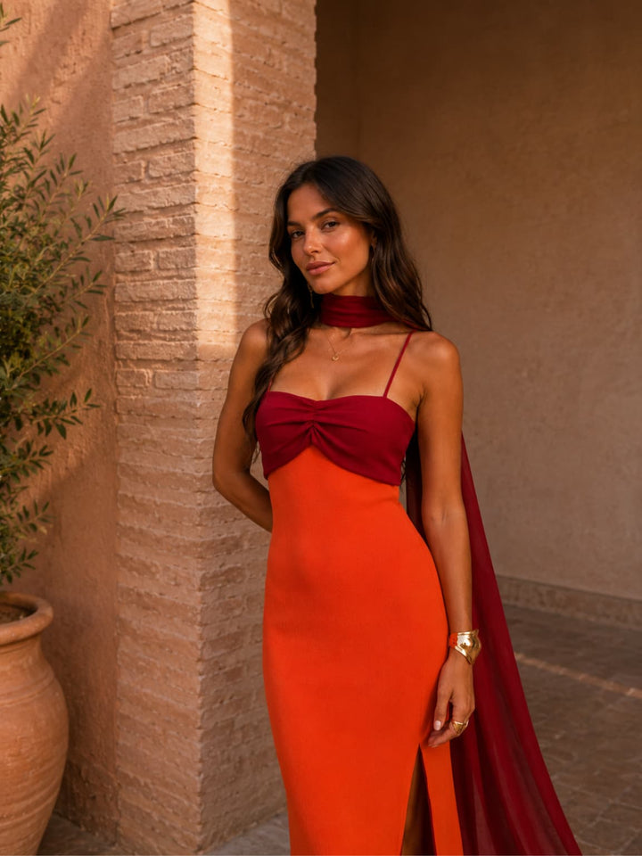 Robe longue drapée bicolore
