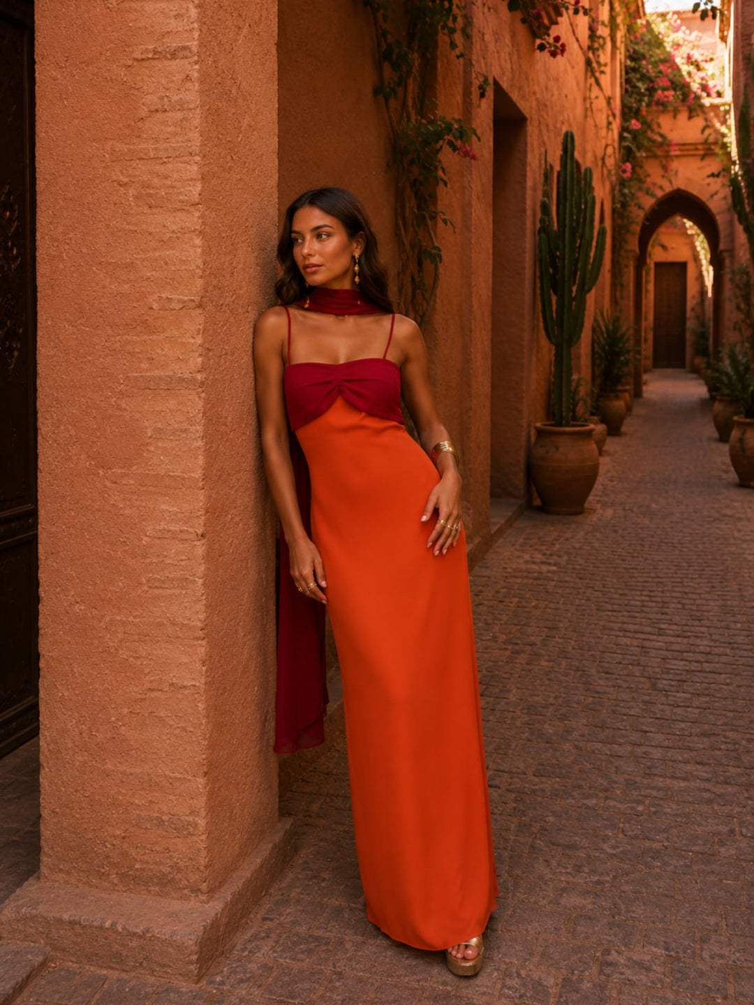 Robe longue drapée bicolore