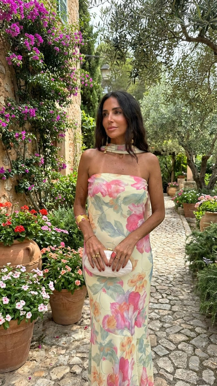Robe longue bustier fleurie aquarelle