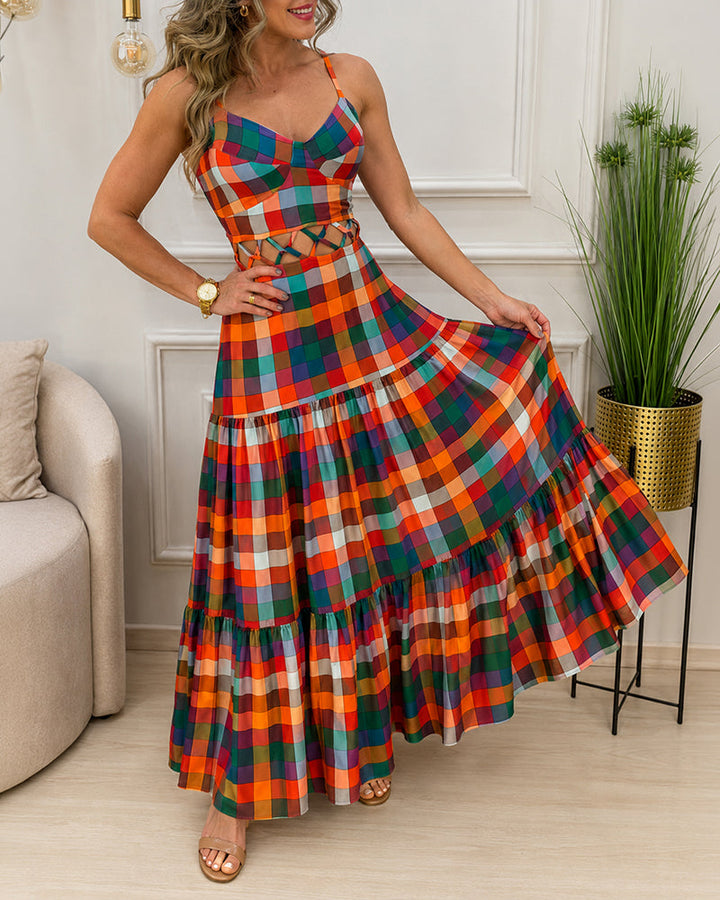 Colorblock | Robe longue à découpes, col en V, dos nu et volants, robe de plage décontractée froncée