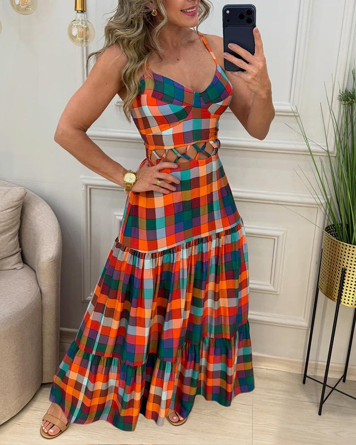 Colorblock | Robe longue à découpes, col en V, dos nu et volants, robe de plage décontractée froncée