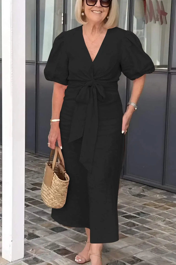 LYNORA | ROBE MIDI ÉLÉGANTE À ENCOLURE EN V 