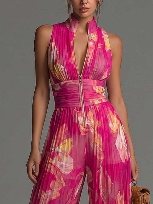 Nicolette | Combinaison plissée en mousseline à imprimé floral fuchsia