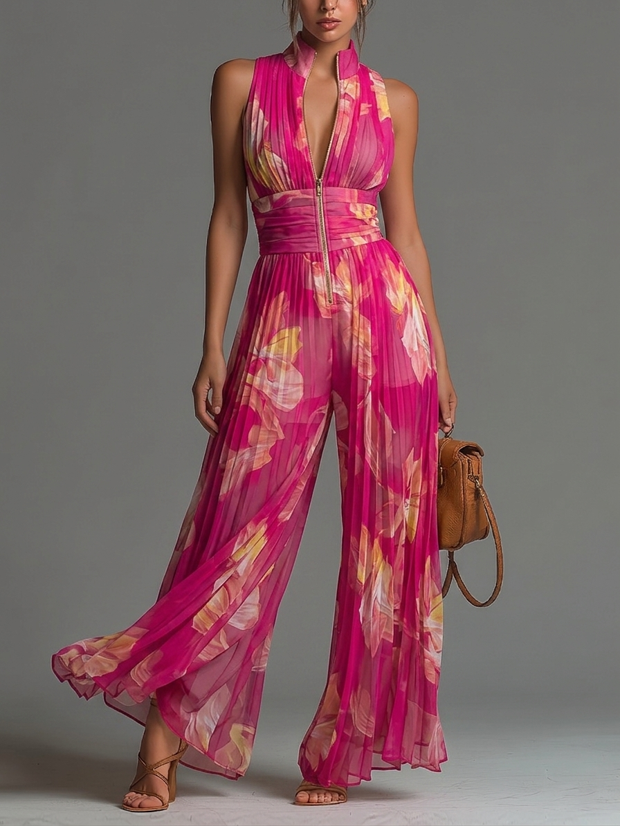 Nicolette | Combinaison plissée en mousseline à imprimé floral fuchsia