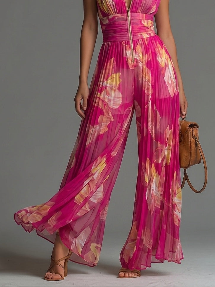 Nicolette | Combinaison plissée en mousseline à imprimé floral fuchsia