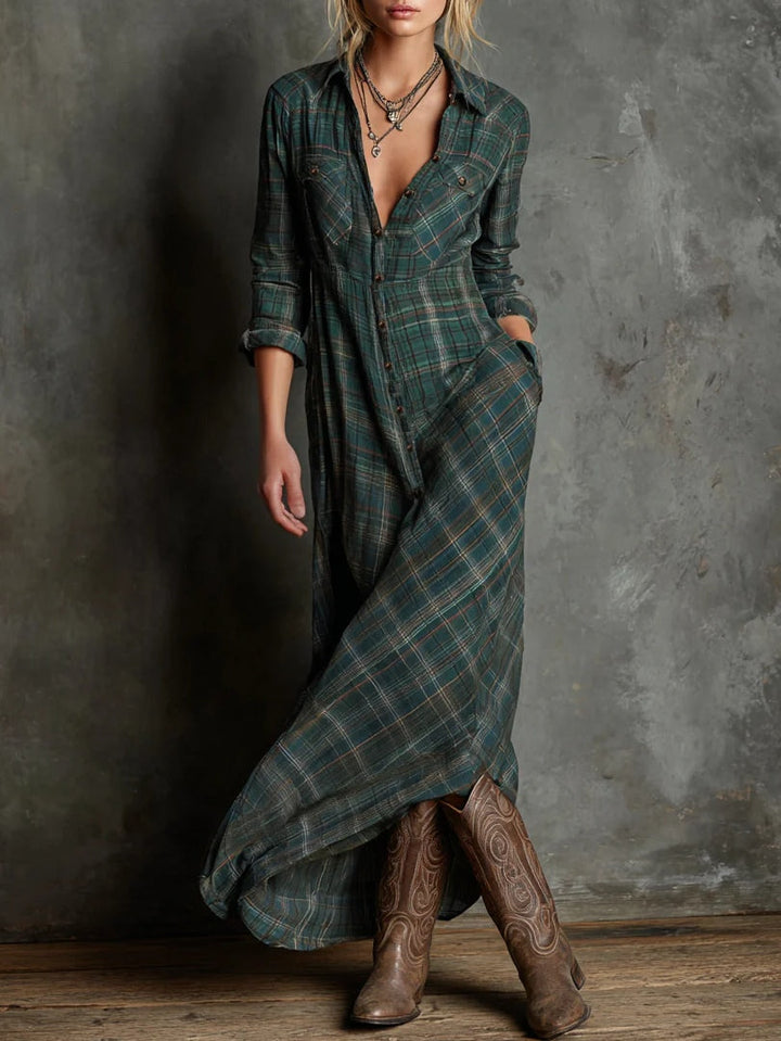 Colette | Robe longue à revers à carreaux verts