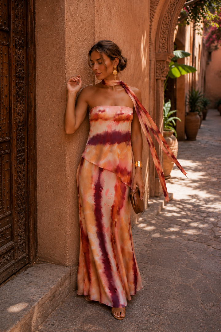 Robe longue imprimée à décolleté bustier