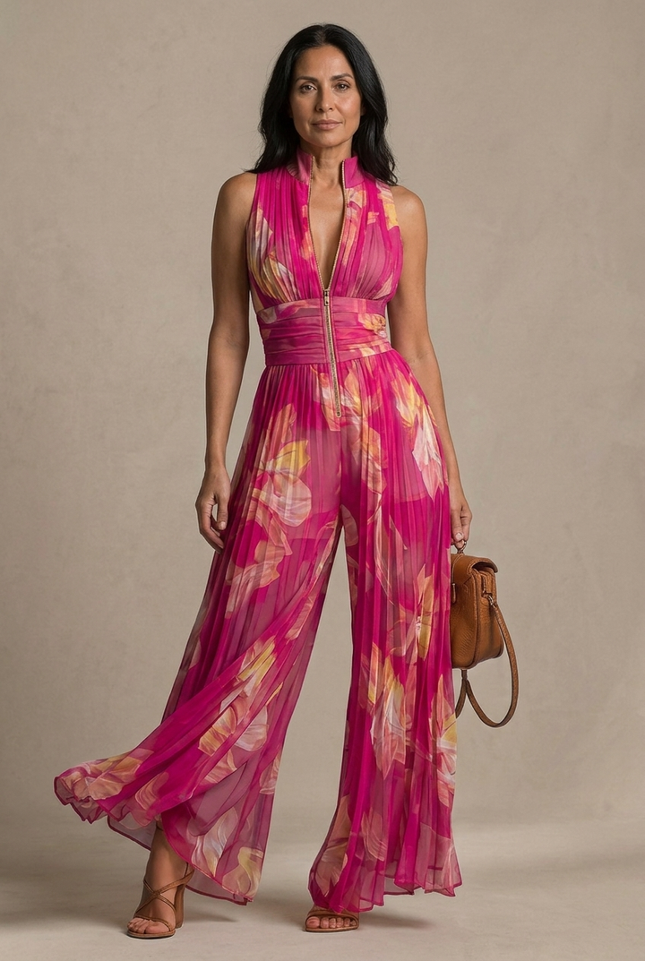 Nicolette | Combinaison plissée en mousseline à imprimé floral fuchsia